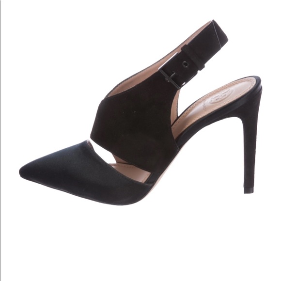 Tory Burch Shoes - Tory Burch Black Torino Slingback Satin Suede Heels Size 6.5